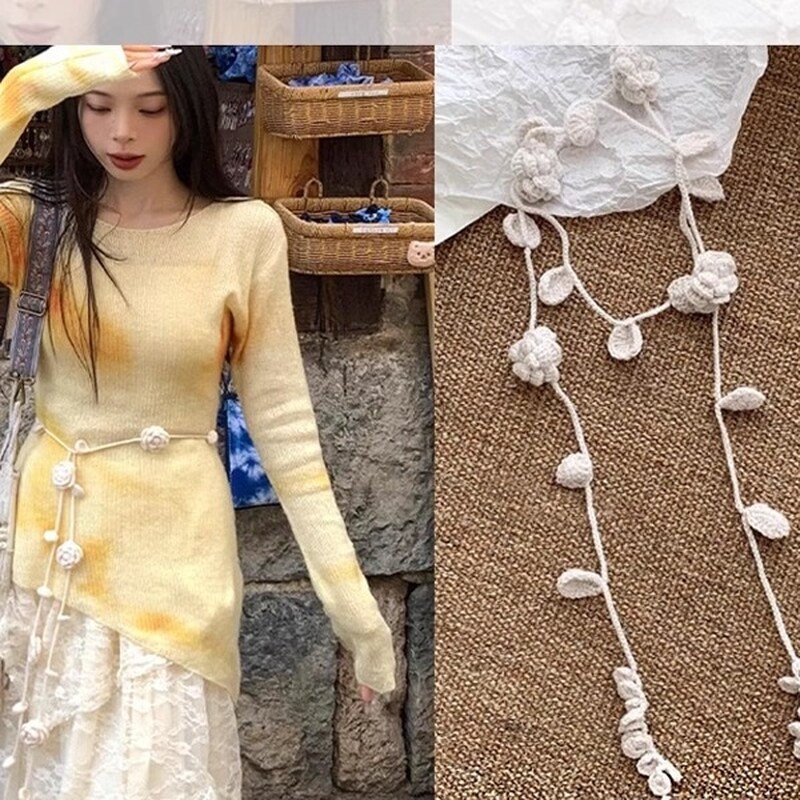 玫瑰花腰链黑色针织钩花项链女时尚穿搭腰带腰间配饰长条丝巾围巾