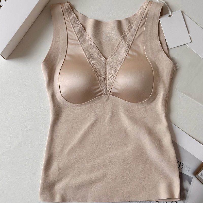 女士细腻绒毛保暖背心舒适锦缎天丝羊绒混纺带胸垫背心美背内搭12