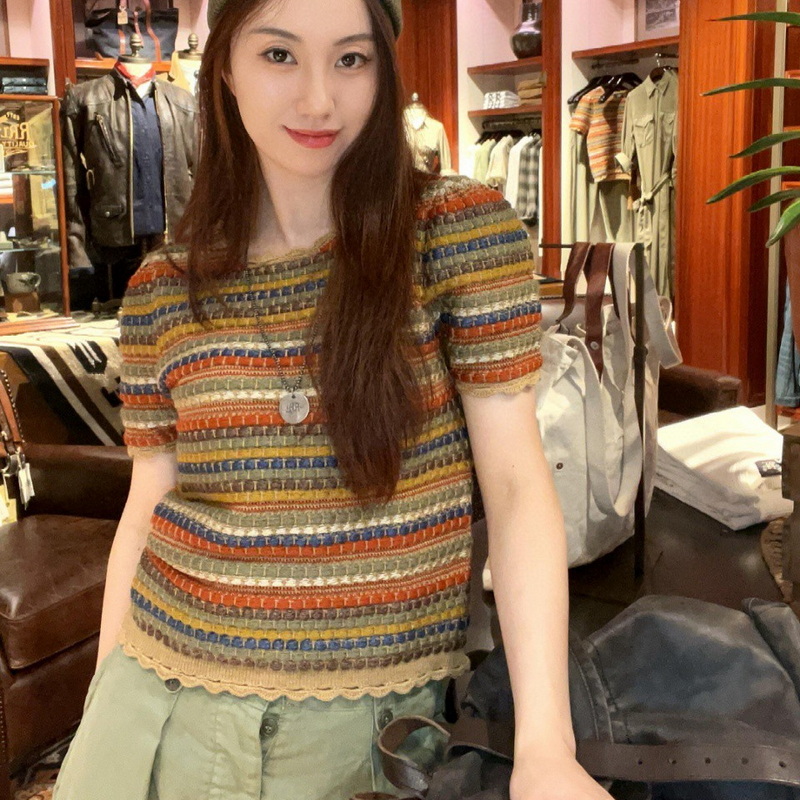 彩虹波浪条纹针织衣新款显瘦短袖