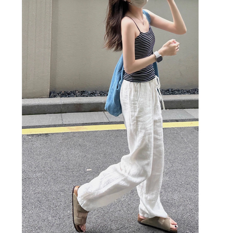 白色棉麻休闲裤女夏季高腰慵懒垂感显瘦亚麻裤子小众设计感直筒裤