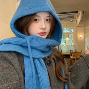 蓝色克拉法帽女款冬季大头围护耳保暖毛线帽针织帽子围巾一体