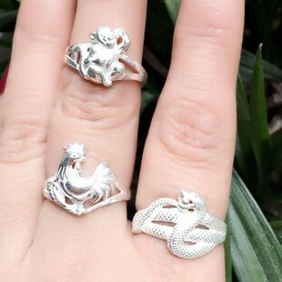 谢家银匠手工999纯银十二生肖公鸡戒指 男女本命年足银灵猴戒指