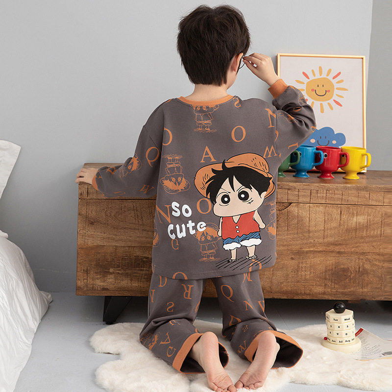 全棉纯棉男童家居服圆领新款男款长袖春秋冬款套头中大童睡衣套装