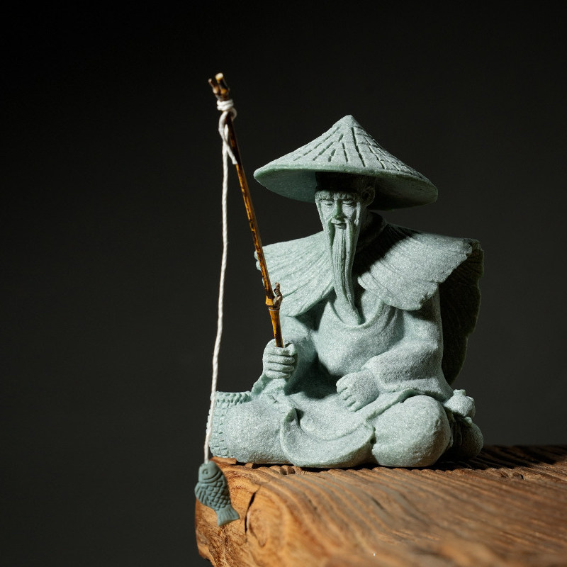 青砂石姜太公钓鱼创意假山流水摆件鱼池装饰品盆栽景观鱼缸内造景