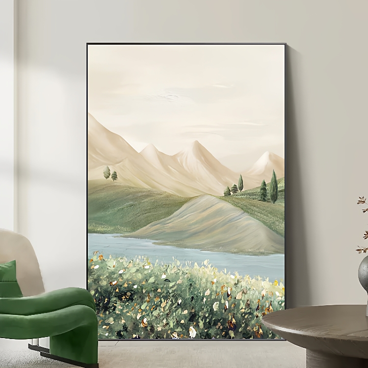 北欧绿色山谷风景油画玄关装饰画侘寂风抽象客厅沙发背景墙落地画