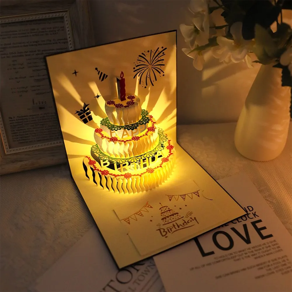 音乐灯光3d立体式生日蛋糕贺卡祝福卡高级感生日快乐礼物信封卡片