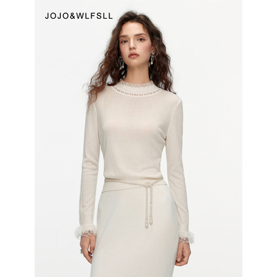 JOJOWLFSLL品牌女装白色针织打底衫2026早春新款高领绵羊毛针织衫