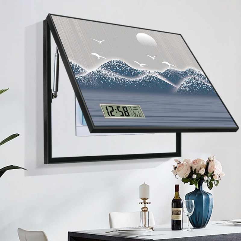 新中式电表箱山水装饰画带钟表遮挡配电箱电闸箱数显时钟挂画挂钟