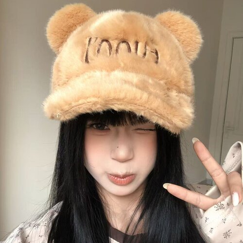 秋冬双面毛绒熊耳显脸小棒球帽