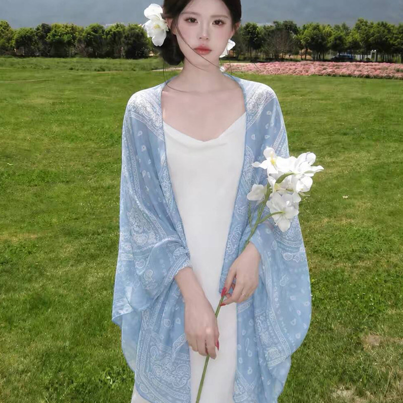 民族风蓝腰果花防晒披肩丝巾图片