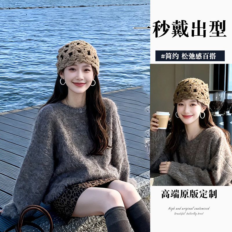 镂空针织包头帽女春秋薄款手工钩花包头帽女透气显脸小冷帽百搭图片