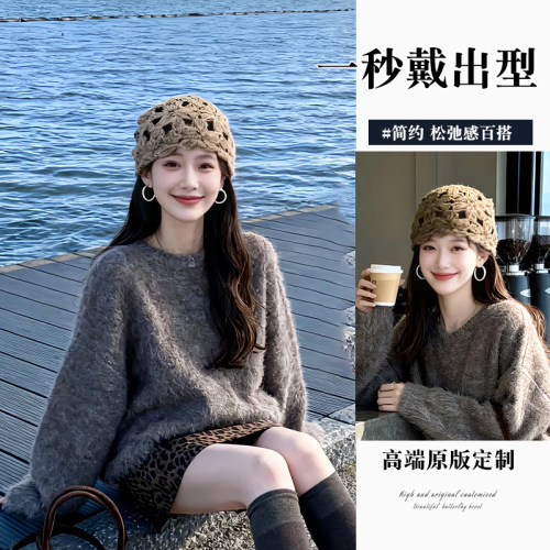 镂空针织包头帽女春秋薄款手工钩花包头帽女透气显脸小冷帽百搭