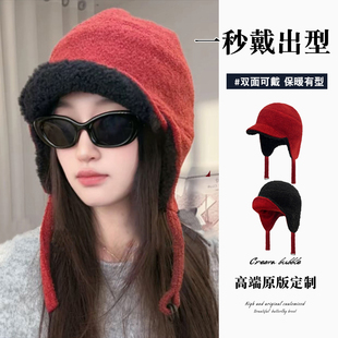 羊羔毛飞行员帽子女秋冬季加厚保暖防寒护耳日系纯色简约双面戴潮