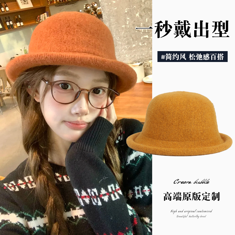 复古赫本风圆顶渔夫帽韩版冬季卷边小礼帽女显脸小羊毛呢千金帽子