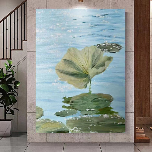 现代简约客厅手绘油画抽象高洁荷叶肌理画入户玄关走廊绿植装饰画