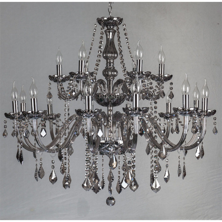 烟灰色12+6双层水晶吊灯烟灰色18头蜡烛灯大客厅酒店大堂展厅工程