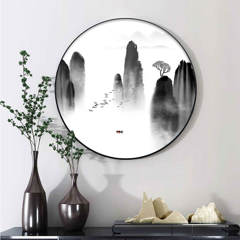 装饰画新款禅意圆形客厅背景墙山水画中国风水茶室玄关墨挂画图片