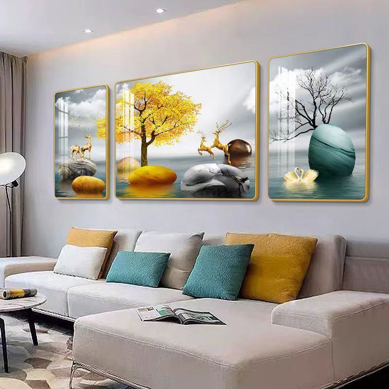 新中式客厅装饰画高级感沙发背景墙轻奢挂画墙画大气福鹿三联壁画图片