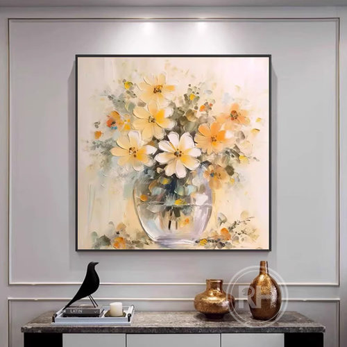 纯手绘油画美式餐厅挂画轻奢法式玄关装饰画现代风客厅肌理花卉装