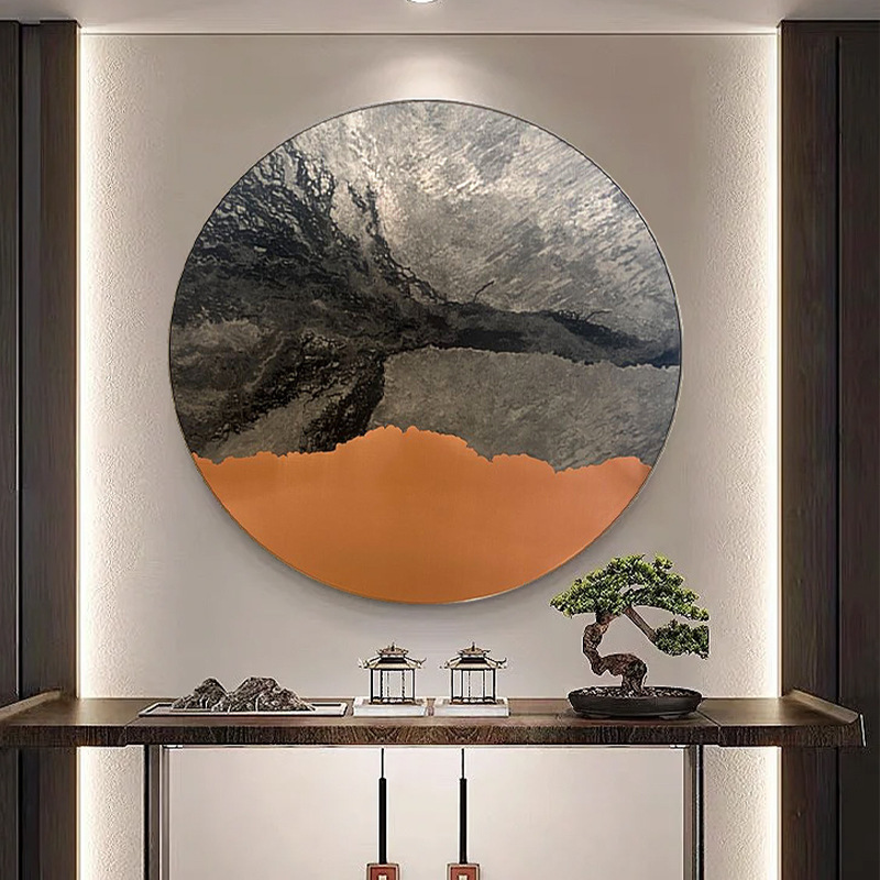 新中式餐边柜入户门玄关桌上装饰画客厅圆形禅意书房茶室挂画高端图片