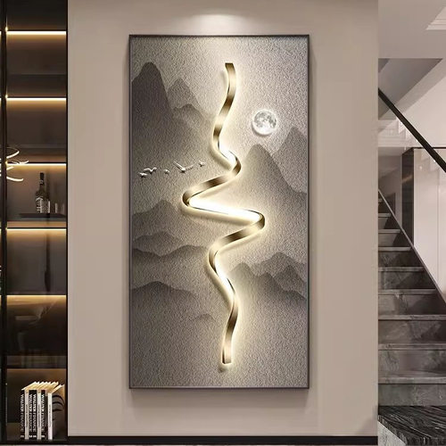 现代轻奢玄关装饰画入户山水画大气走廊过道挂画竖版简约壁画