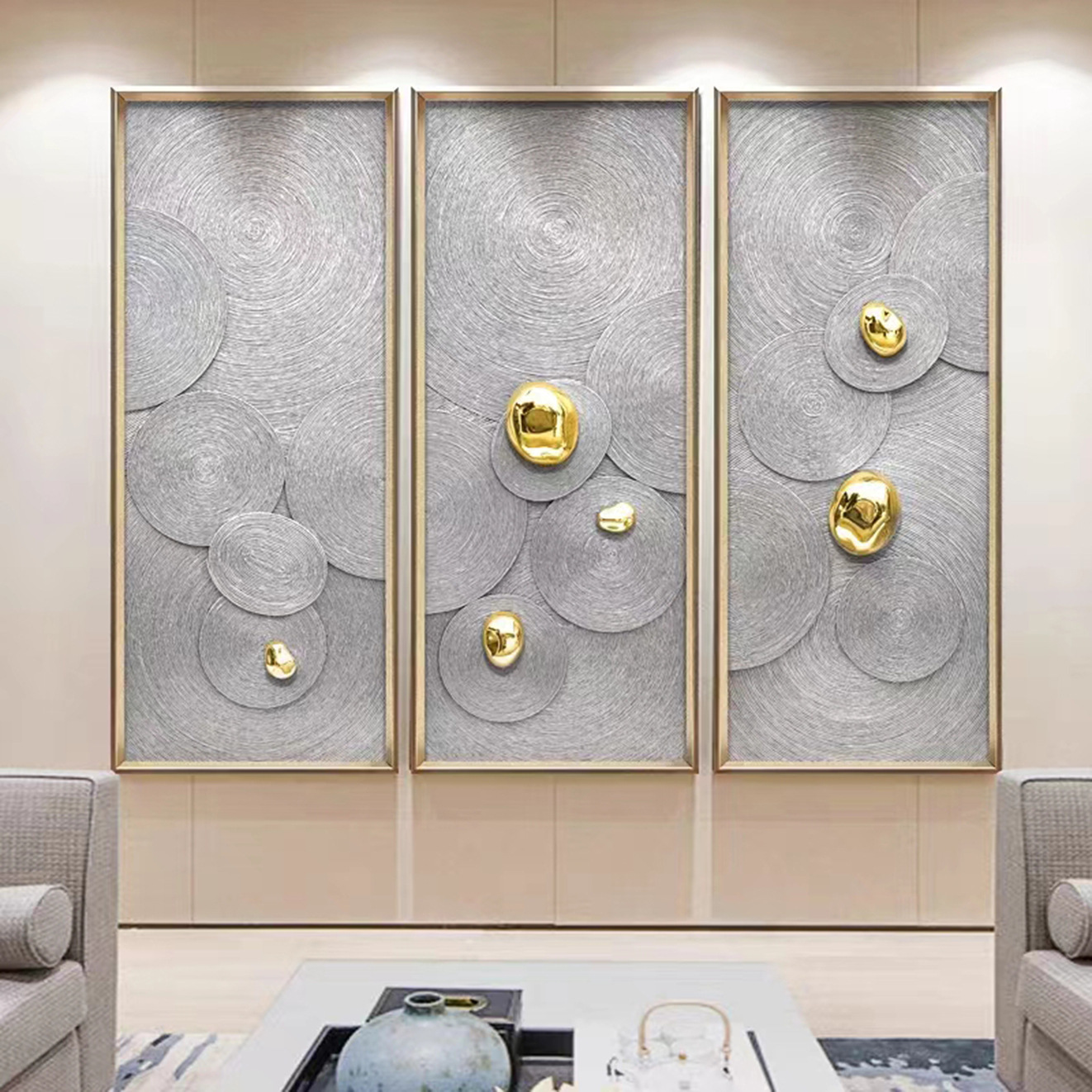 新中式立体实物点石成金联画挂画欧式创意客厅玄关酒店别墅装饰画图片