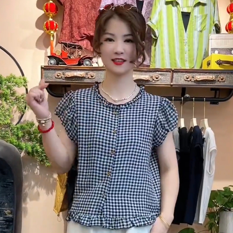 夏季新款时尚休闲格子短袖T恤女士洋气减龄百搭衬衫气质显瘦上衣