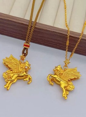 中式国潮风星辰飞马吊坠马上有钱项链时尚气质锁骨链皮绳