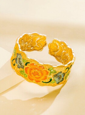 珐琅彩国色天香牡丹花丝戒指国风国潮指环开口送妈妈礼物