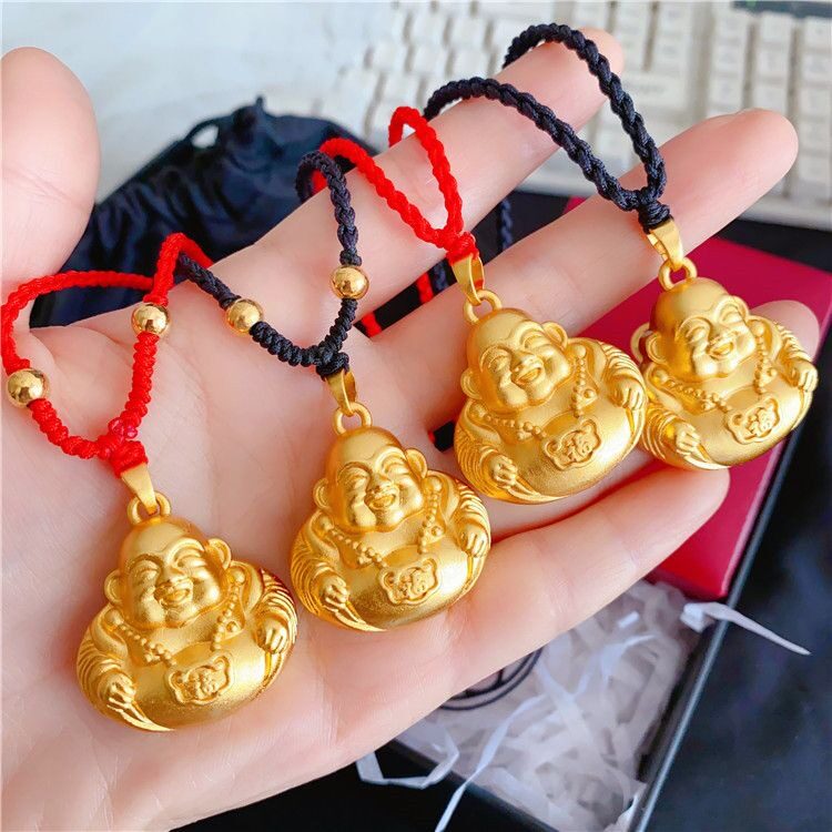 新款大肚沙金弥勒佛佛头吊坠项链黑绳空心编织精美大气