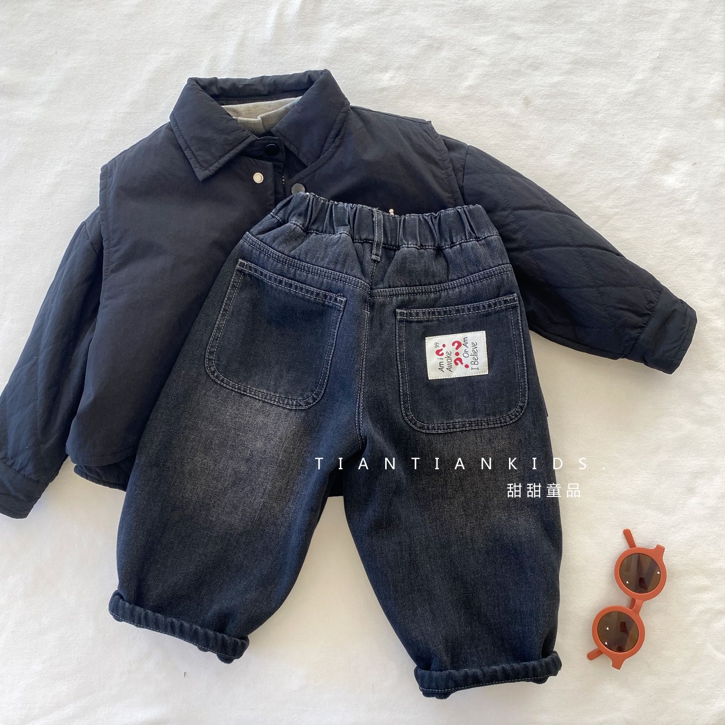 韩版贴标牛仔裤男童秋冬百搭洋气加绒萝卜裤女童