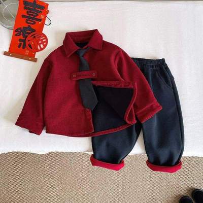 男童冬季加绒加厚韩版衬衫套装