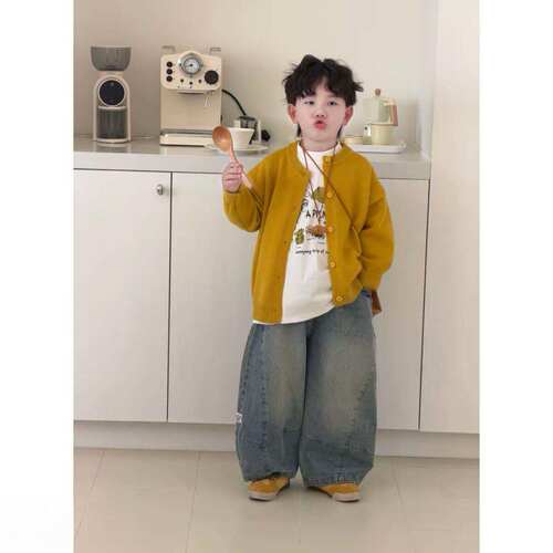 男童秋季韩系套装儿童针织开衫印花T恤阔腿牛仔裤宝宝三件套