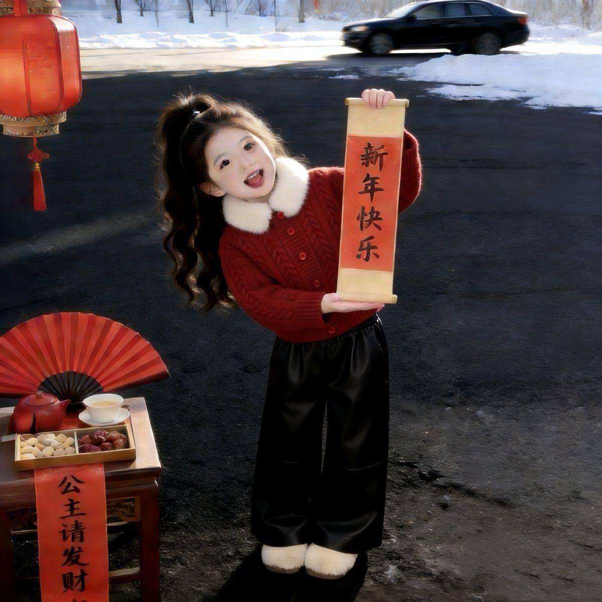 女童新年喜庆套装2026中小童红色毛领毛衣加绒防风皮裤洋气两件套,童装/婴儿装/亲子装,套装,淘宝优惠券,粉丝福利购,淘宝优惠卷