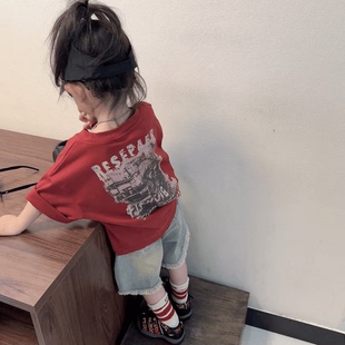 韩系儿童夏季新款韩版宽松显白红色短袖女童棉质半袖中小童上衣服