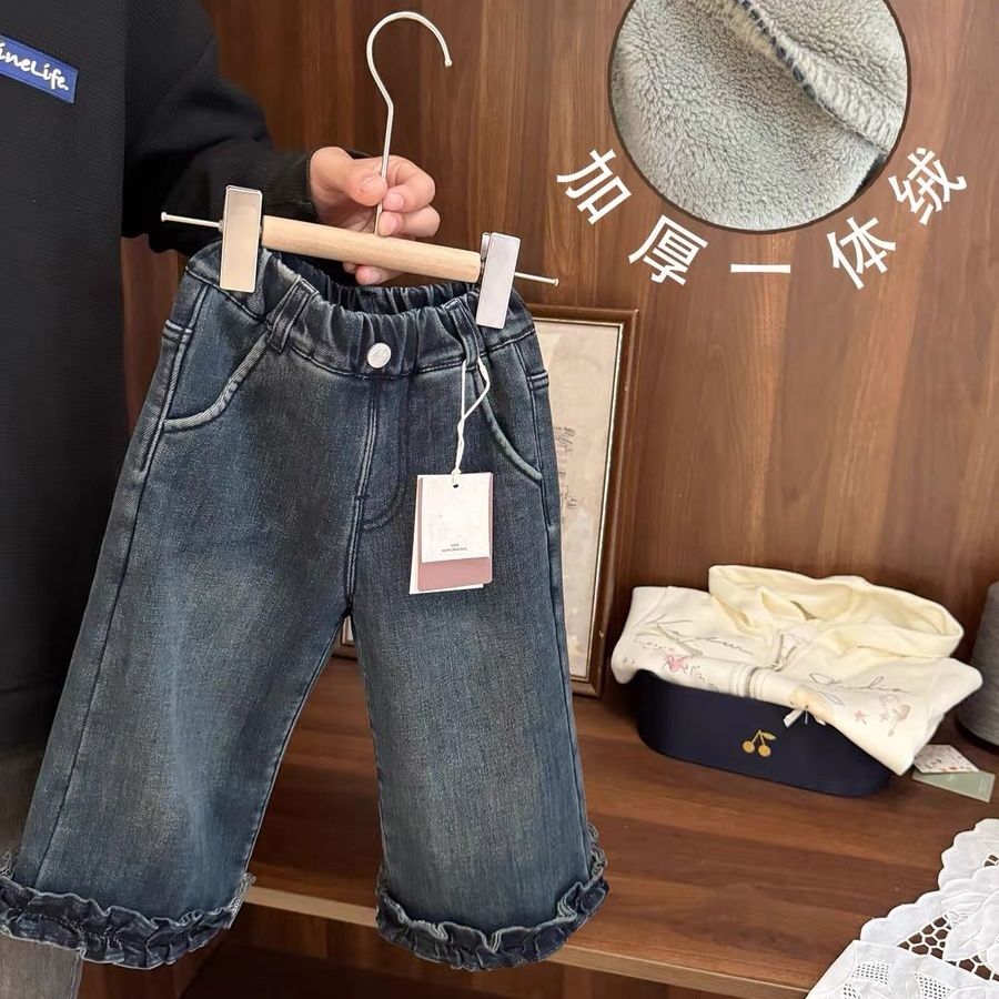 女宝宝加厚加绒牛仔裤女婴儿秋冬装2025新款女童一体奥利绒直筒裤