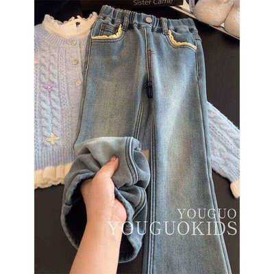 女童牛仔裤秋冬冬季一体绒喇叭裤