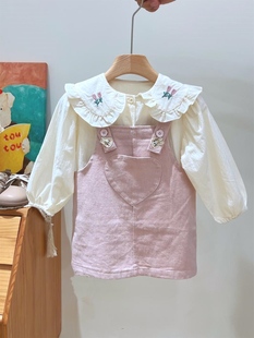 新款 套装 儿童女宝宝粉色背带裙洋气长袖 女童2024春季 刺绣衬衫 秋装
