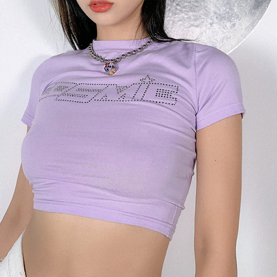 Women Summer Y2K Short Sleeve Crop Top Shiny Hot Drill Rhine