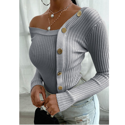 Fashion Button Off Shoulder Knitted Sweater Women Jumper Aut