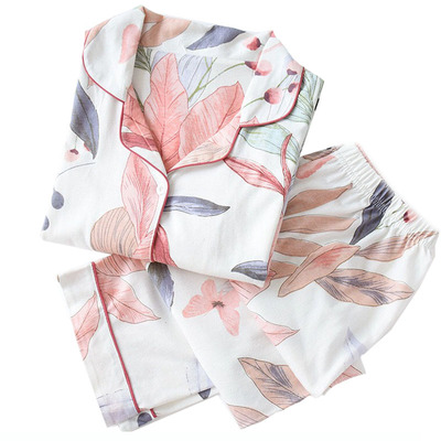 Autumn New Ladies Pajamas Set Floral Printed Full Cotton Fre