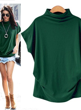 Women Casual Turtleneck Short Sleeve Cotton girl Solid Casua