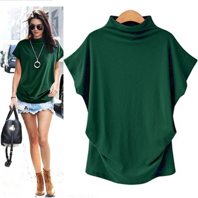 Women Casual Turtleneck Short Sleeve Cotton girl Solid Casua