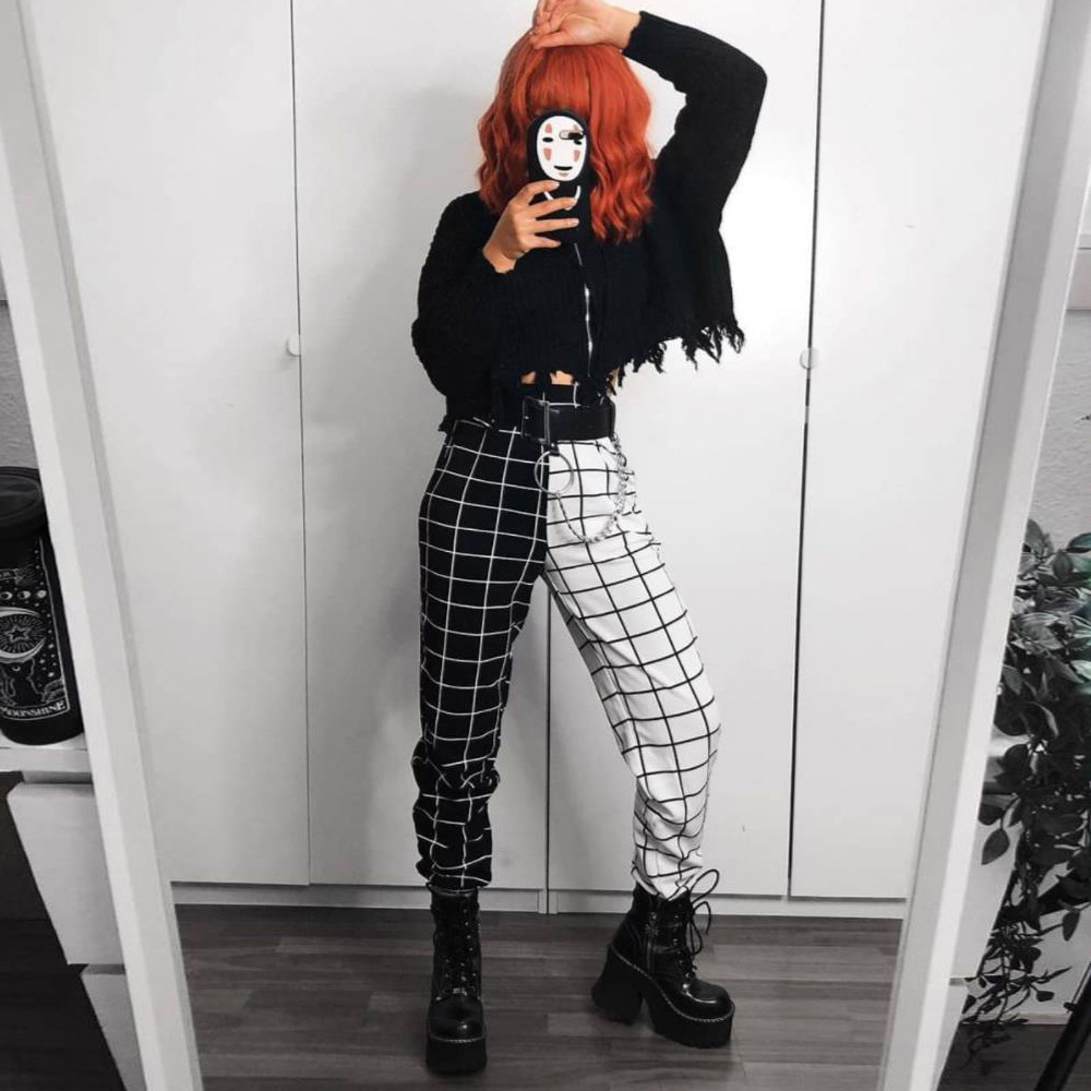 Streetwear Cool Girls Black and White Checkerboard Patchwork