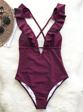 CUPSHE Burgundy Heart Attack Falbala One-piece Swimsuit Wome
