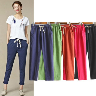 Harem Pants Cotton Womens Solid Summer Linen Elastic Autumn