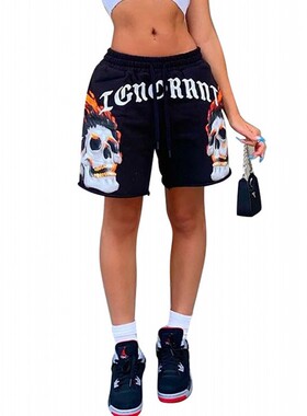 Drawstring Shorts Women Mid Waist Loose Casual Black Sweatpa