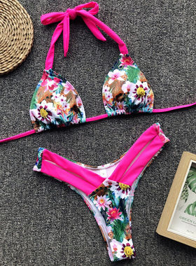 2019 Sexy Halter Retro Floral Leoprad Print Bandage Bikini S