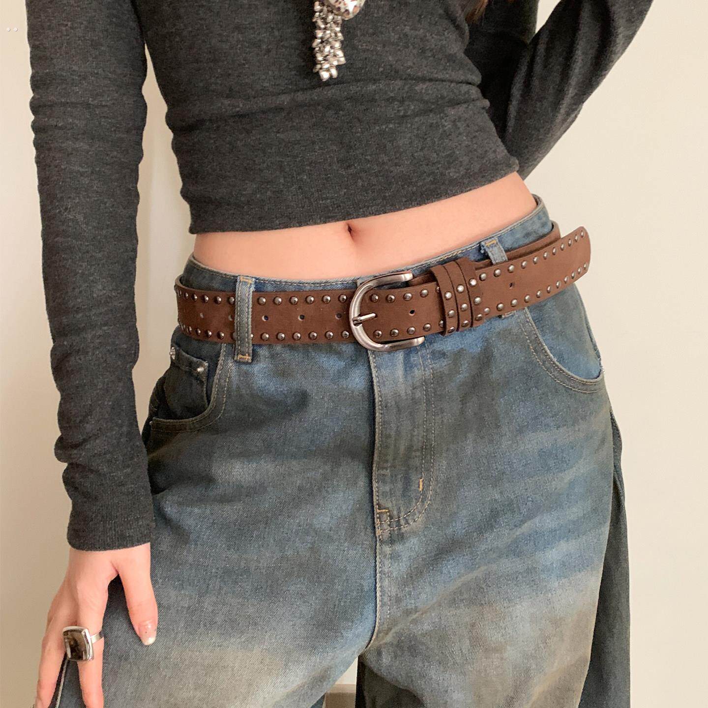 复古麂皮绒铆钉棕色腰带女小众美式设计感皮带配裙子牛仔裤带装饰