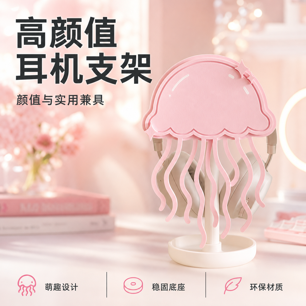 水母耳机支架海洋风创意头戴式耳机挂架少女心电竞房桌搭收纳架